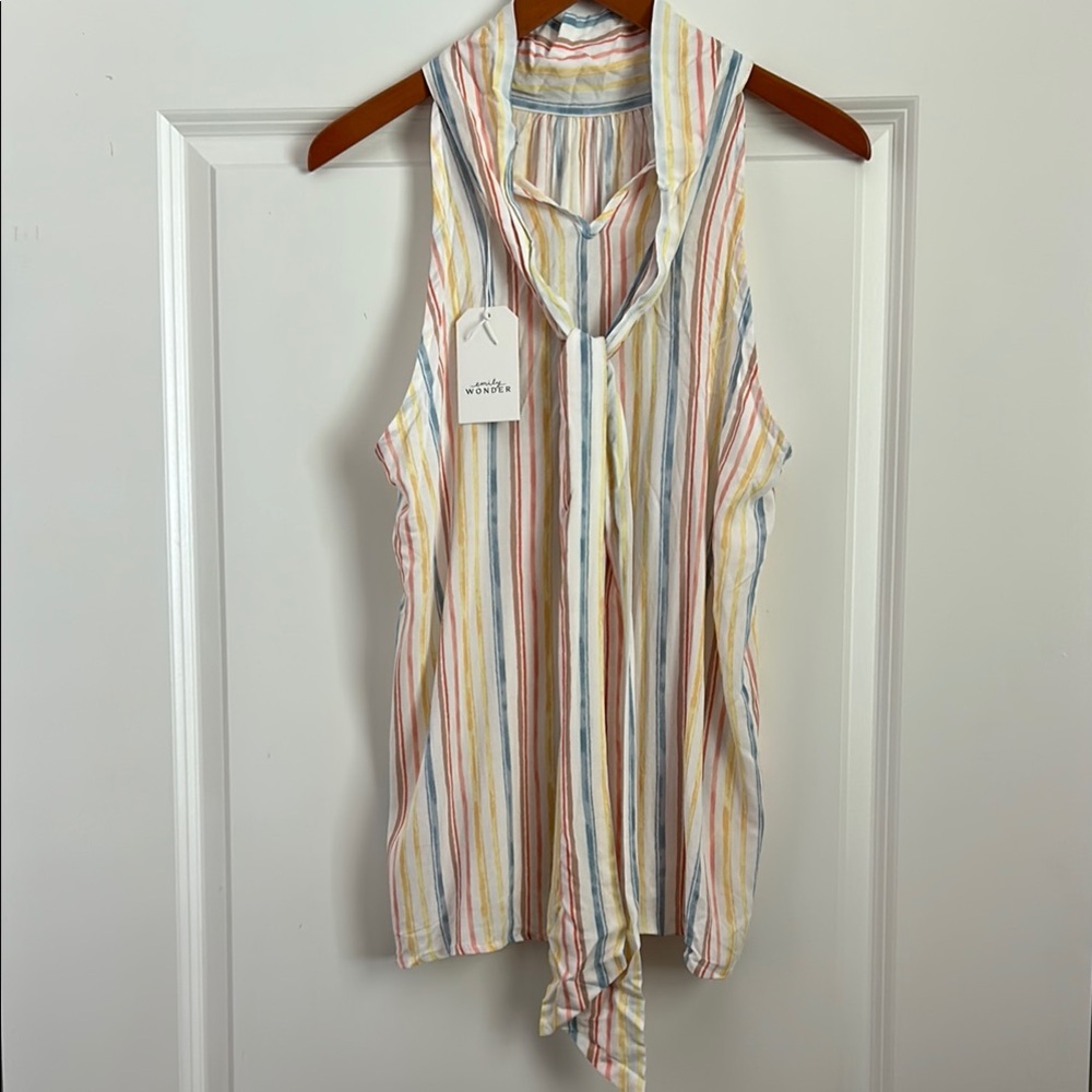 Sleeveless Striped Colllared Tie Front Blouse